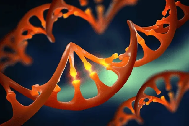 Double hélice d'ADN représentée en bleu sur fond sombre