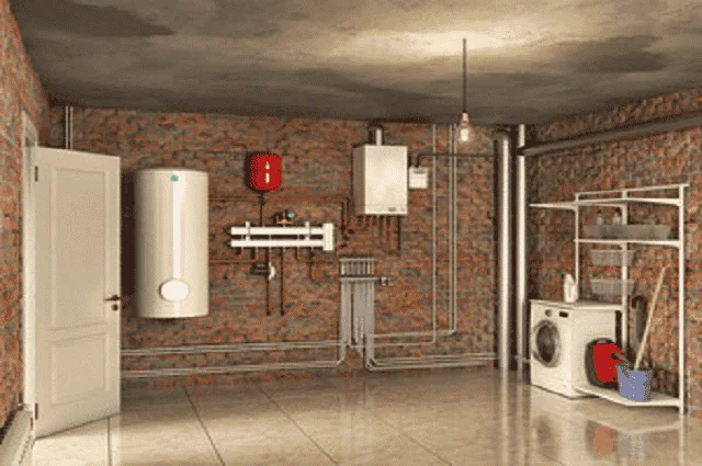 Module intérieur d'une pompe à chaleur installé contre le mur d'un sous-sol