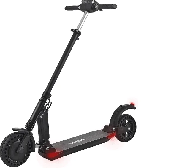 Trottinette électrique pliée posée sur un trottoir, guidon et deck visibles
