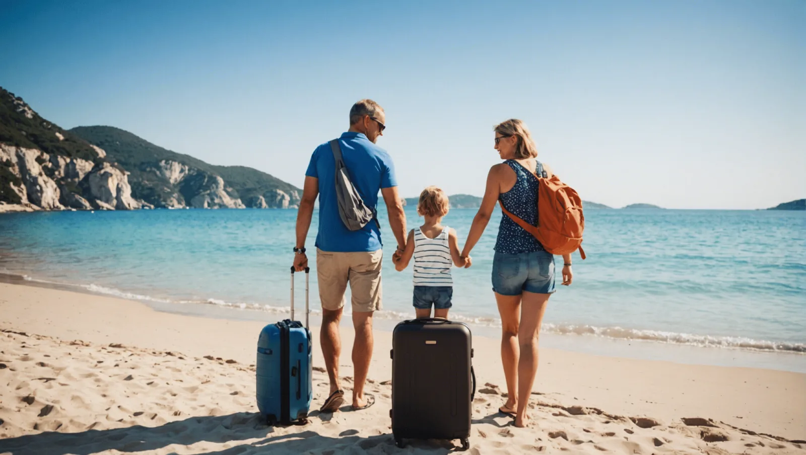 Une famille marche sur un sentier côtier, les enfants devant, sacs sur le dos