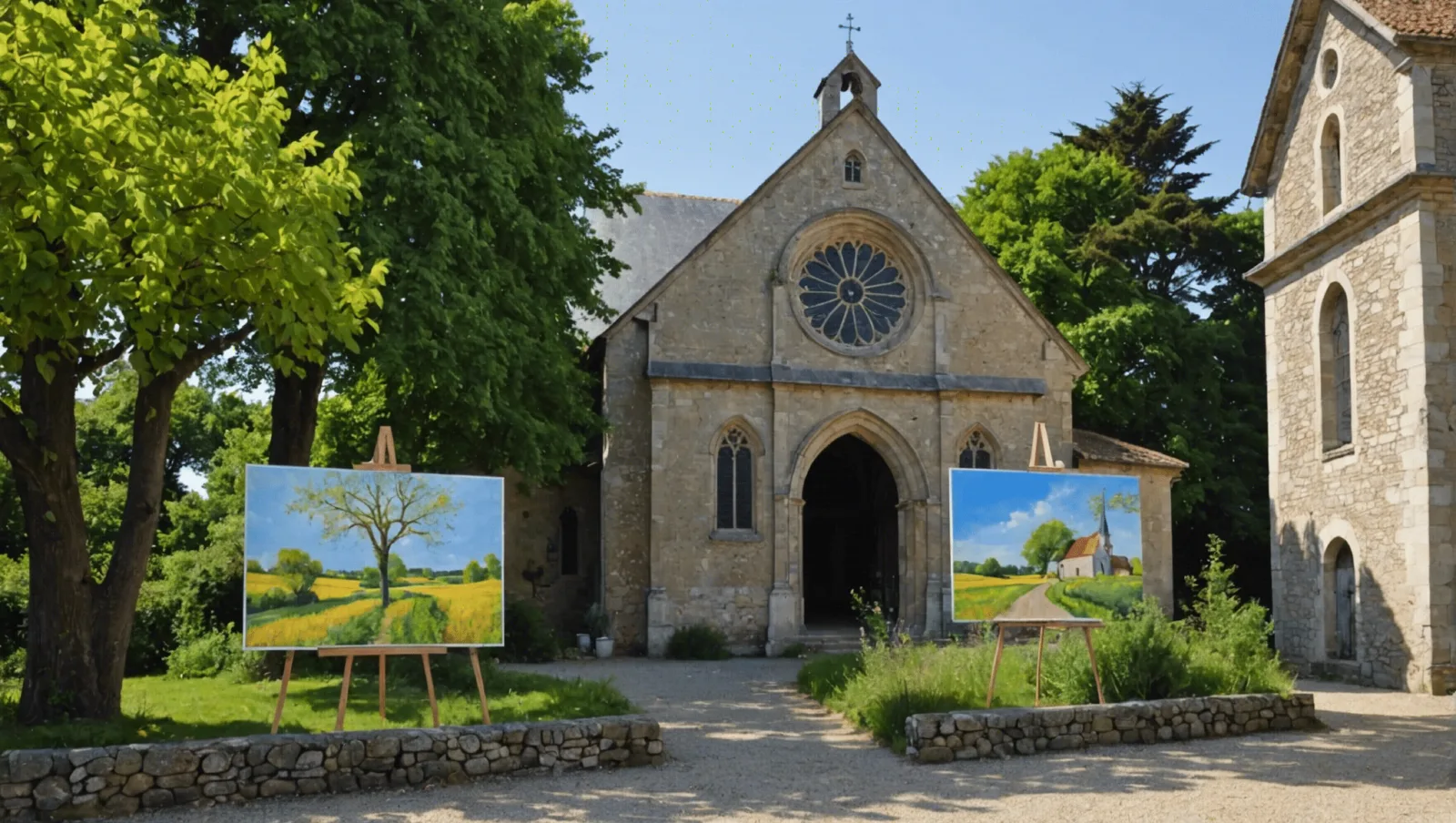 Intérieur d'une chapelle en pierre accueillant des toiles accrochées le long des murs