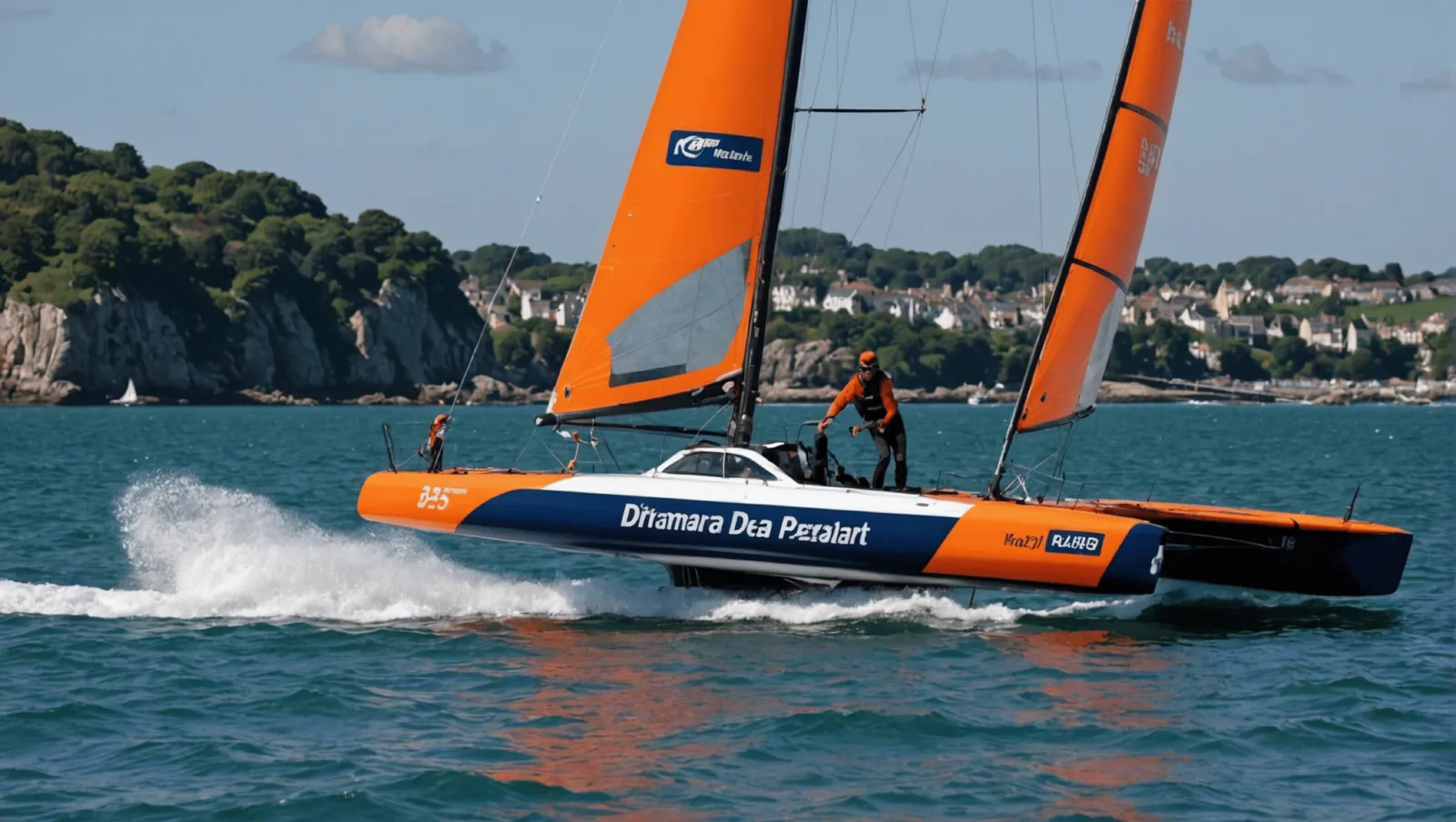 Un trimaran de sport navigue au près dans la baie, coque au vent hors de l'eau