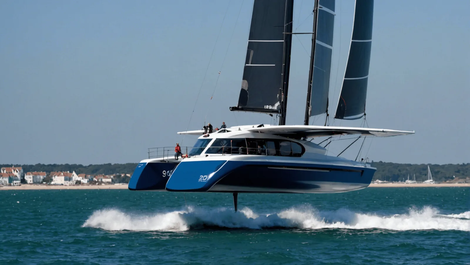 Un trimaran de course navigue au large de la baie, voiles établies par vent modéré