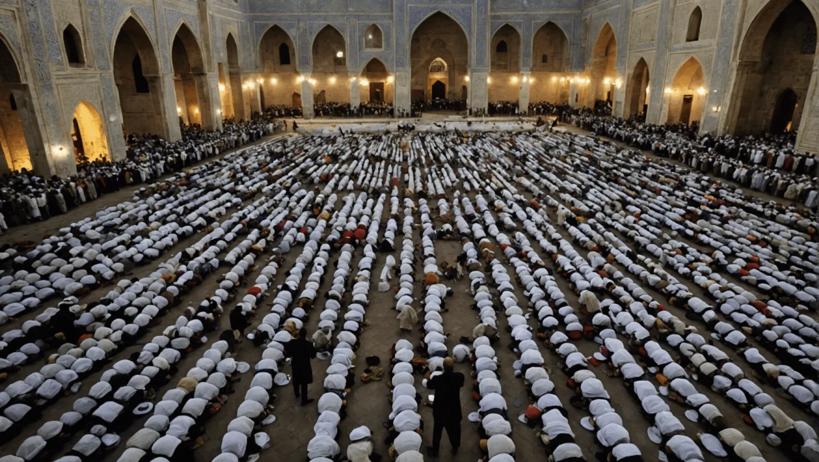 Fidèles rassemblés en rangs pour la prière du matin de l'Aïd