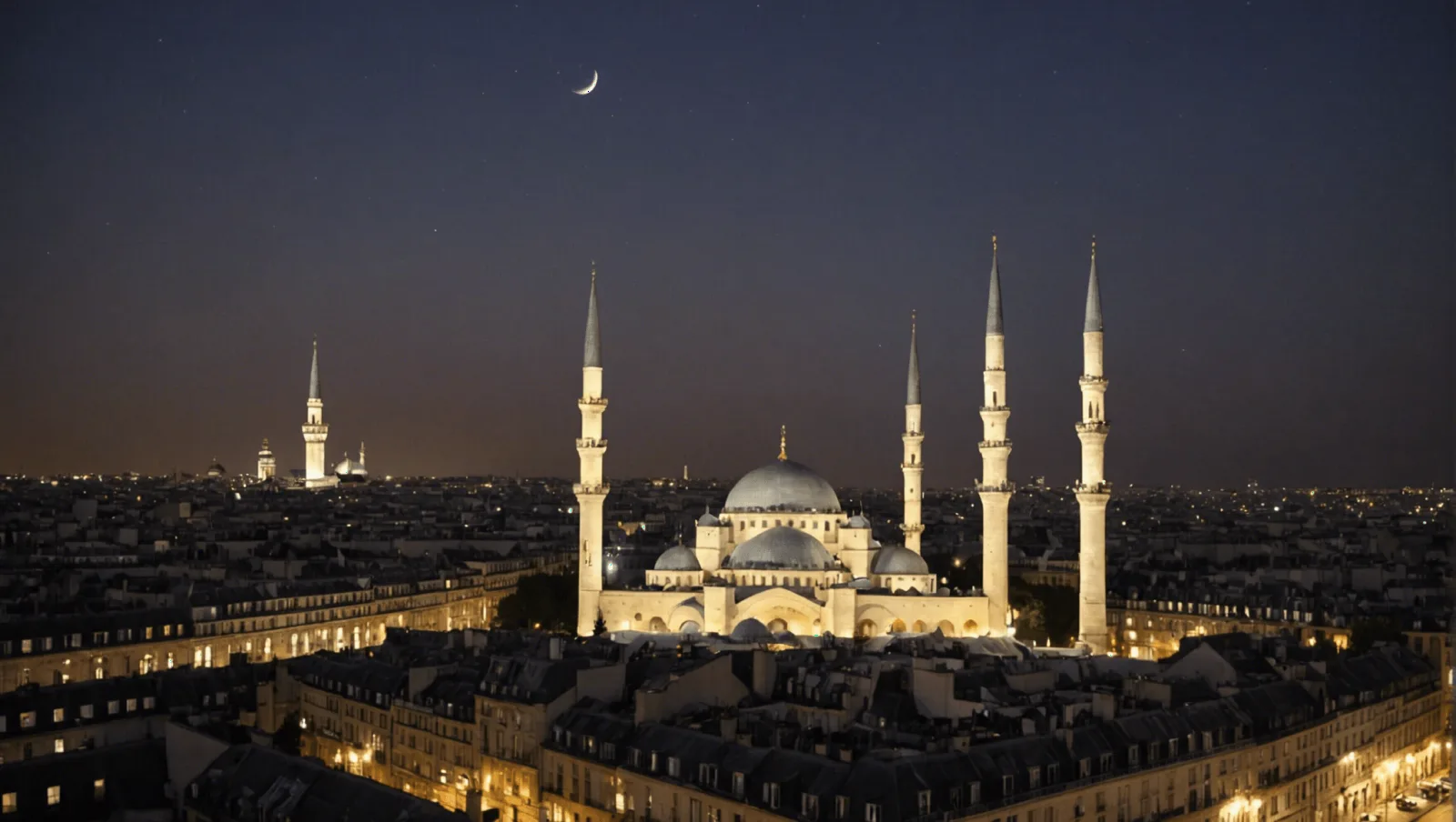 Coupole et minaret de la Grande Mosquée de Paris au crépuscule