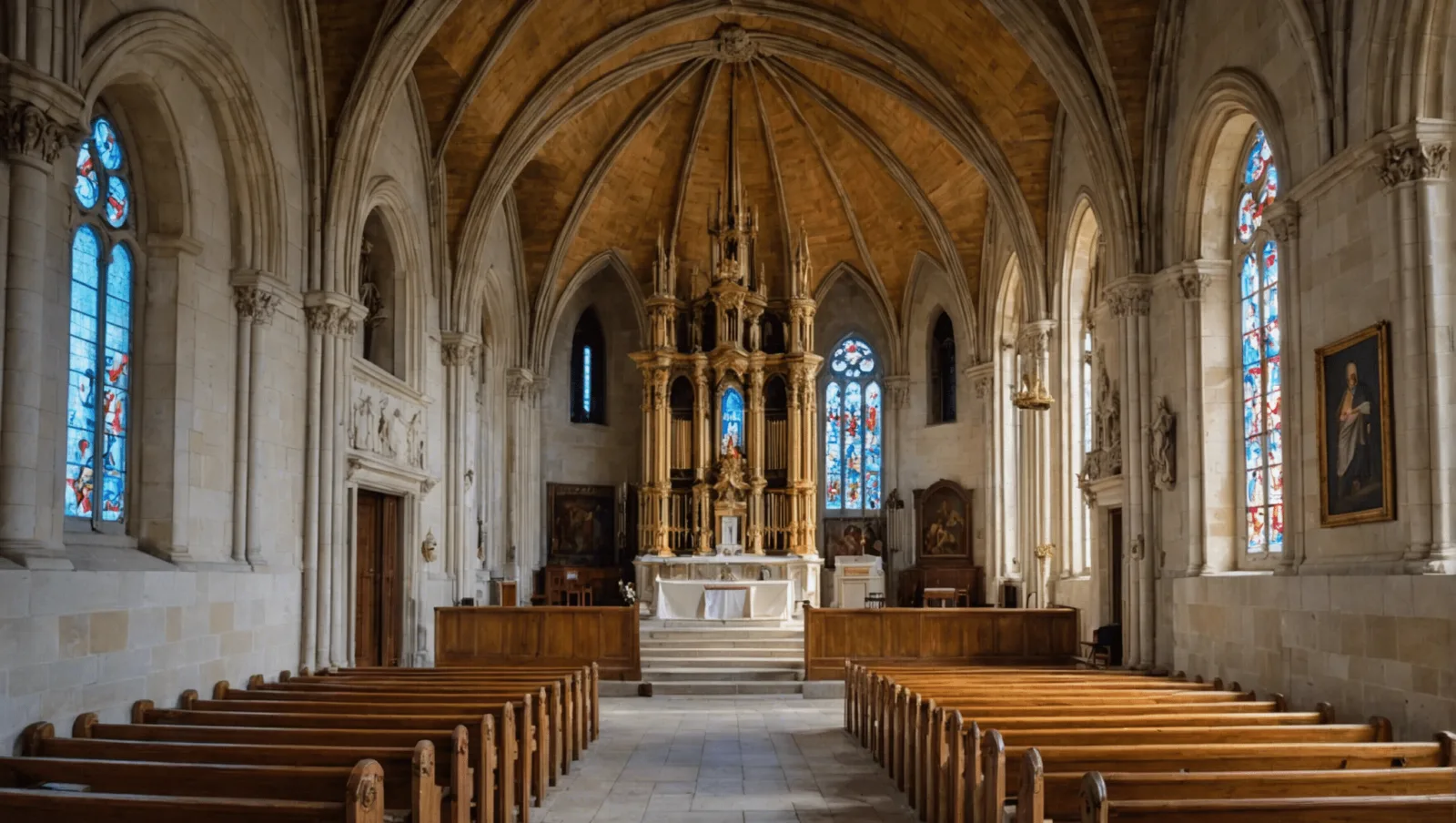 Intérieur de la chapelle Sainte-Marguerite avec tableaux et sculptures le long des murs