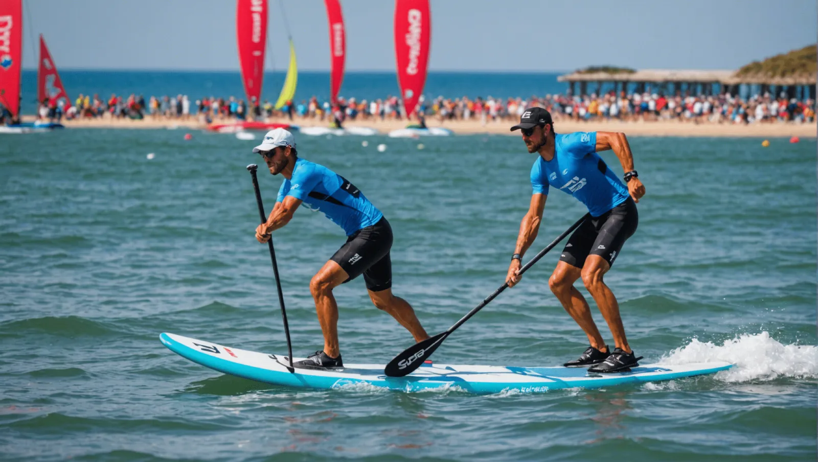 Rameurs de stand up paddle au départ d'une course sur une plage de Pornichet