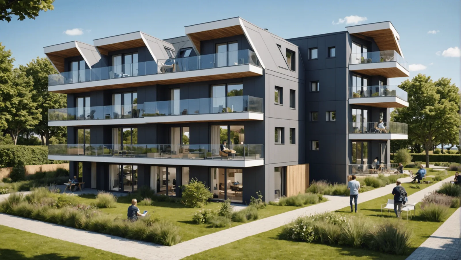 Immeuble de logements neufs en bord de littoral sous un ciel clair