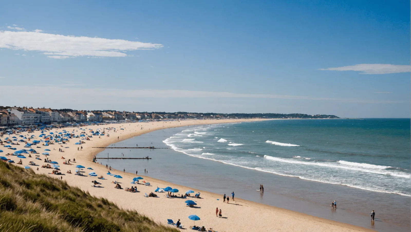 Plage de sable en bord de mer avec le sentier côtier en arrière-plan
