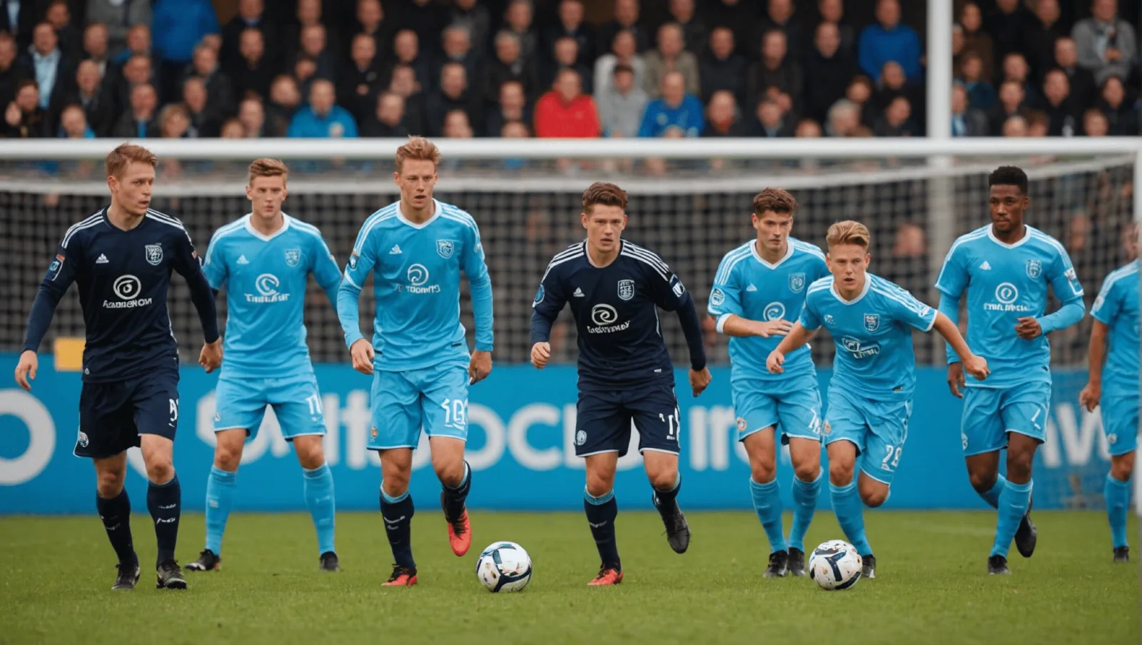 Terrain de football en herbe avec ses buts, vu depuis la ligne de touche