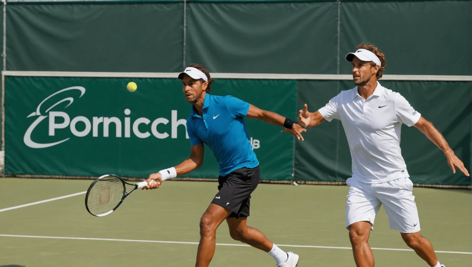 Deux joueurs échangent sur une piste de padel entourée de parois vitrées