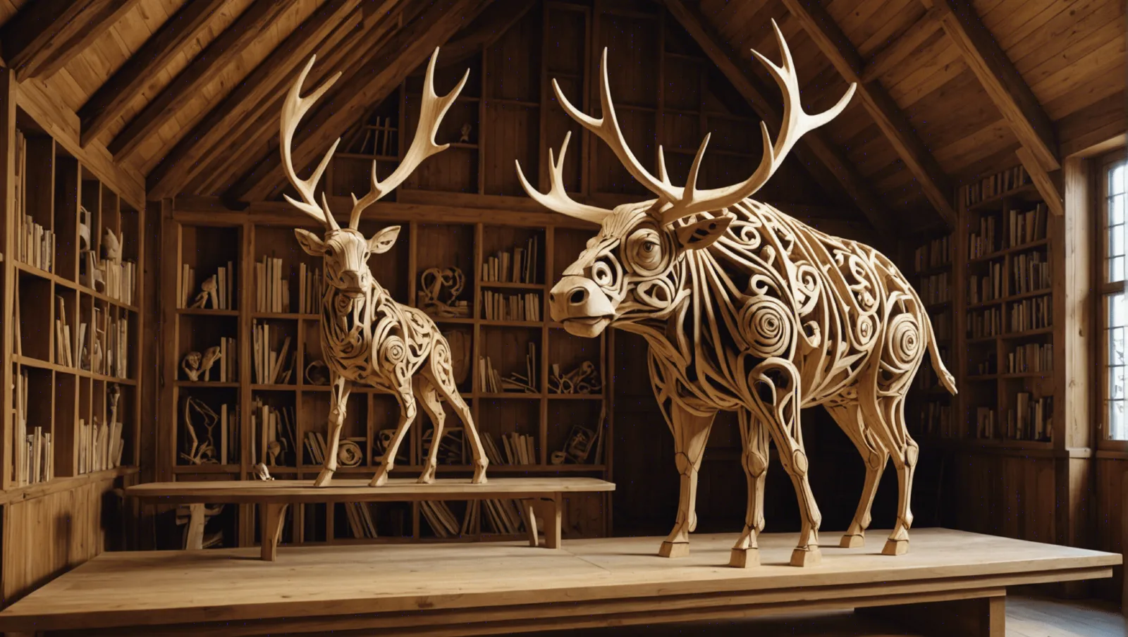 Sculptures d'animaux en bois posées sous les voûtes d'une petite chapelle