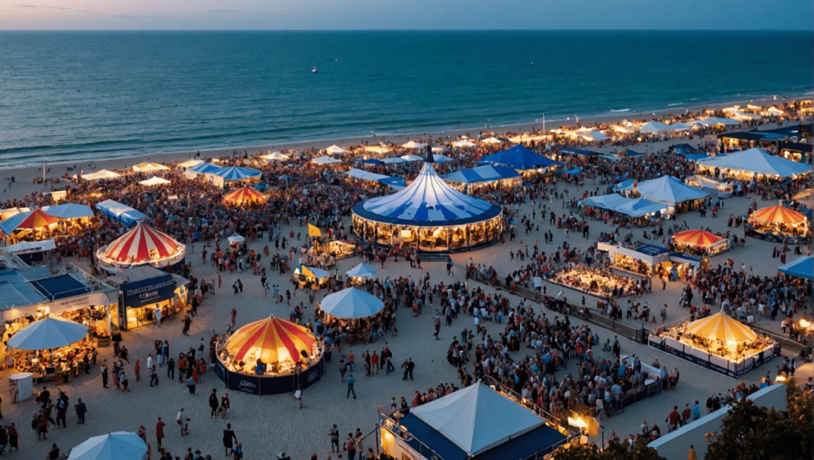 Esplanade en bord de mer avec bancs, jeunes arbres et passants, en fin de journée