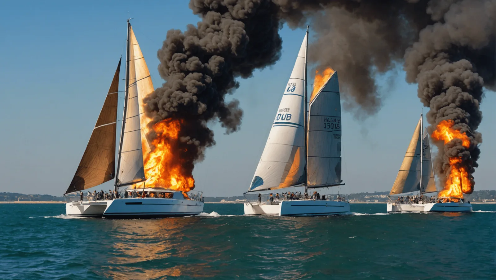 Trimarans de course alignés sur un parcours de régate au large d'une plage