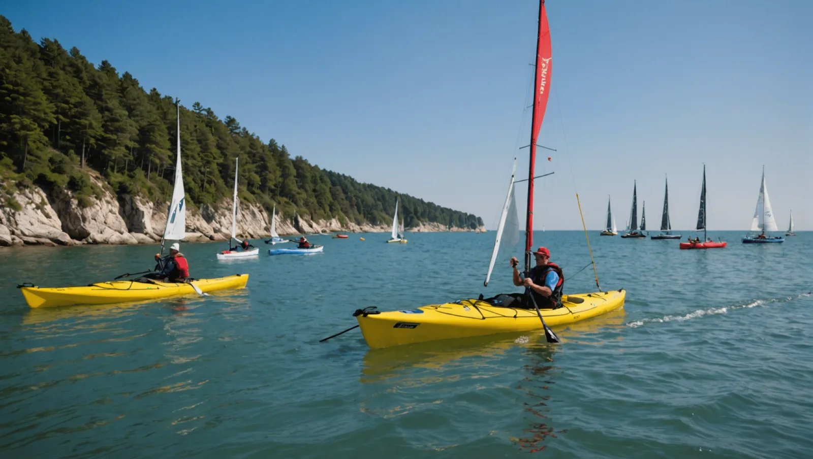 Kayakistes de mer pagayant à distance d'un trimaran de course en baie
