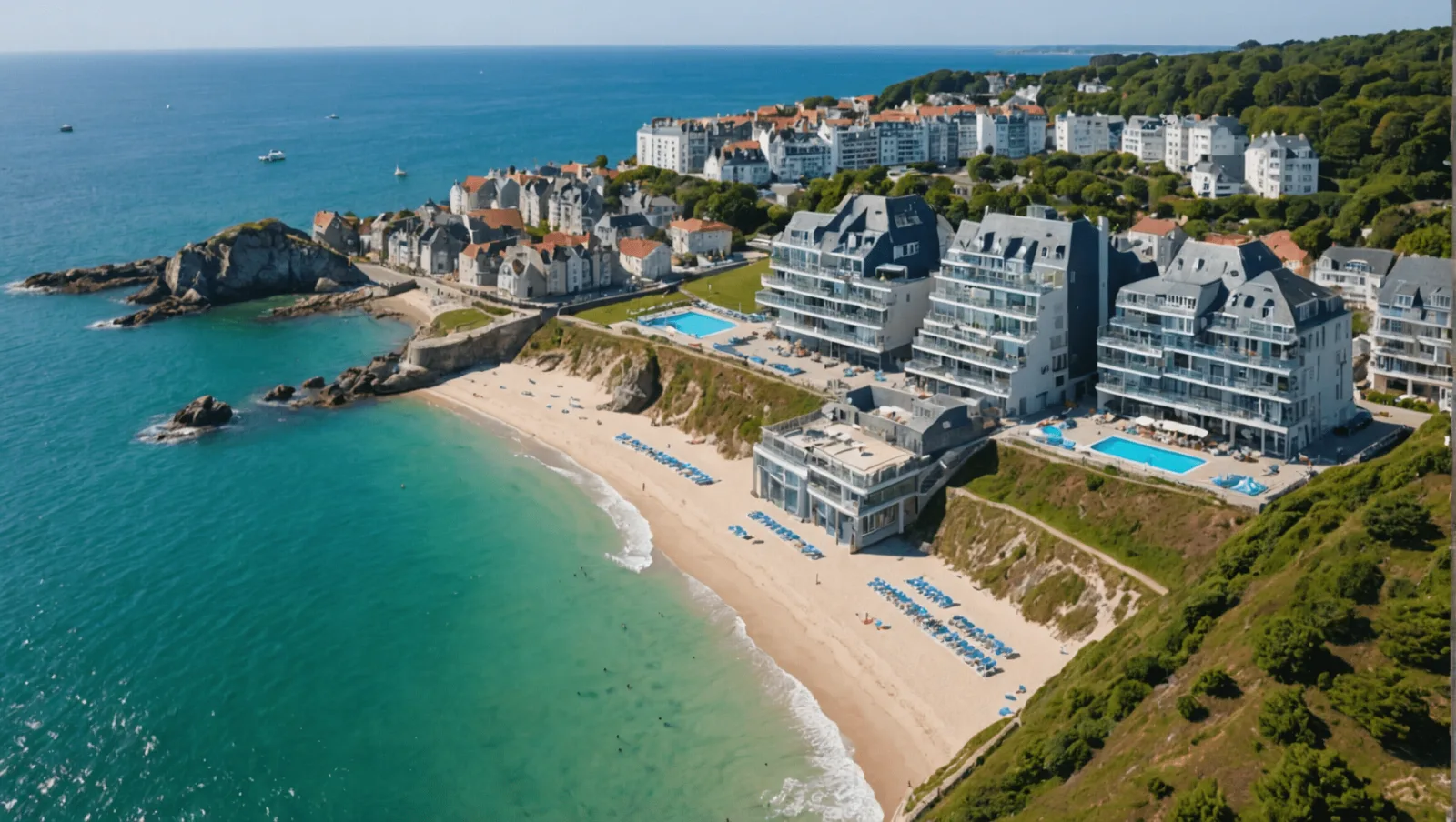 Le front de mer de Pornichet et la grande plage de la baie, un matin d'été