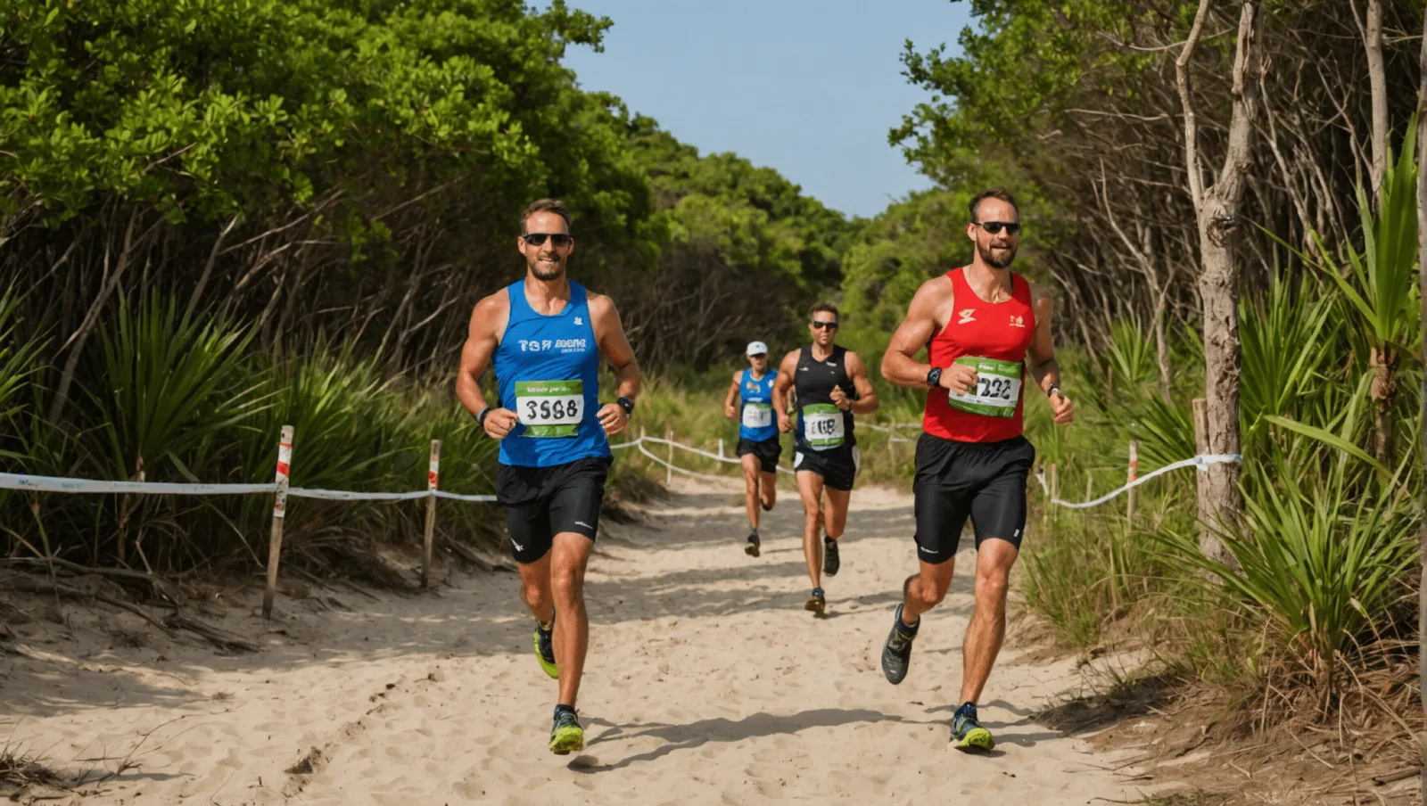 Des coureurs sur la plage au petit matin, la mer à gauche et les dunes à droite