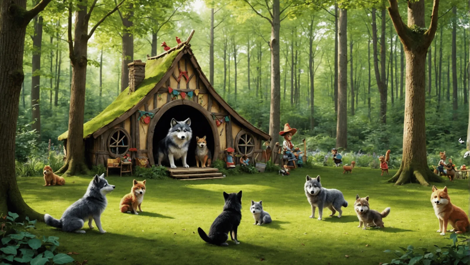 Enfants assis dans l'herbe devant une petite scène de marionnettes, sous les arbres