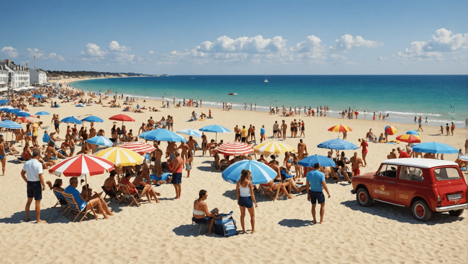 Un poste de secours de plage ouvert, drapeau hissé, face à la baie de Pornichet