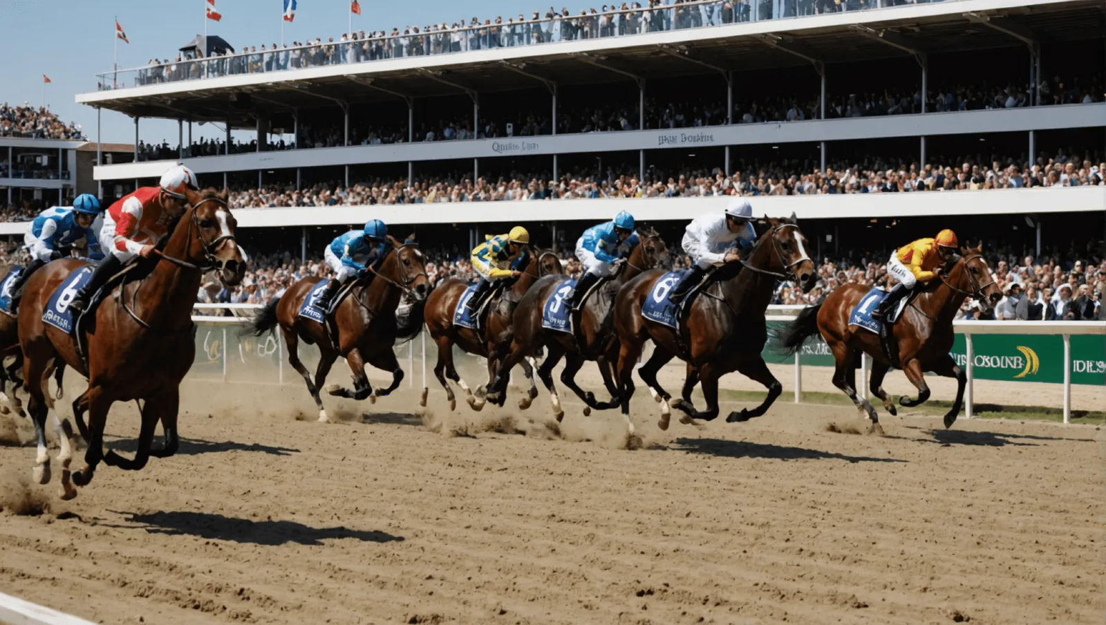 Sulkys groupés dans la ligne droite d'un hippodrome de bord de mer un soir d'été