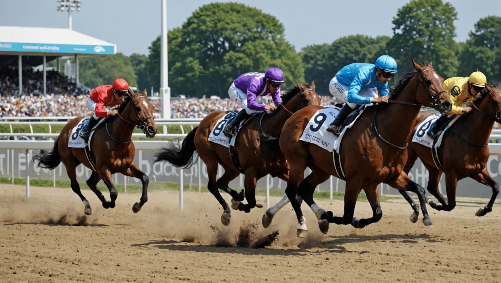 Trotteurs et sulkys lancés sur la piste de l'hippodrome de Pornichet en soirée