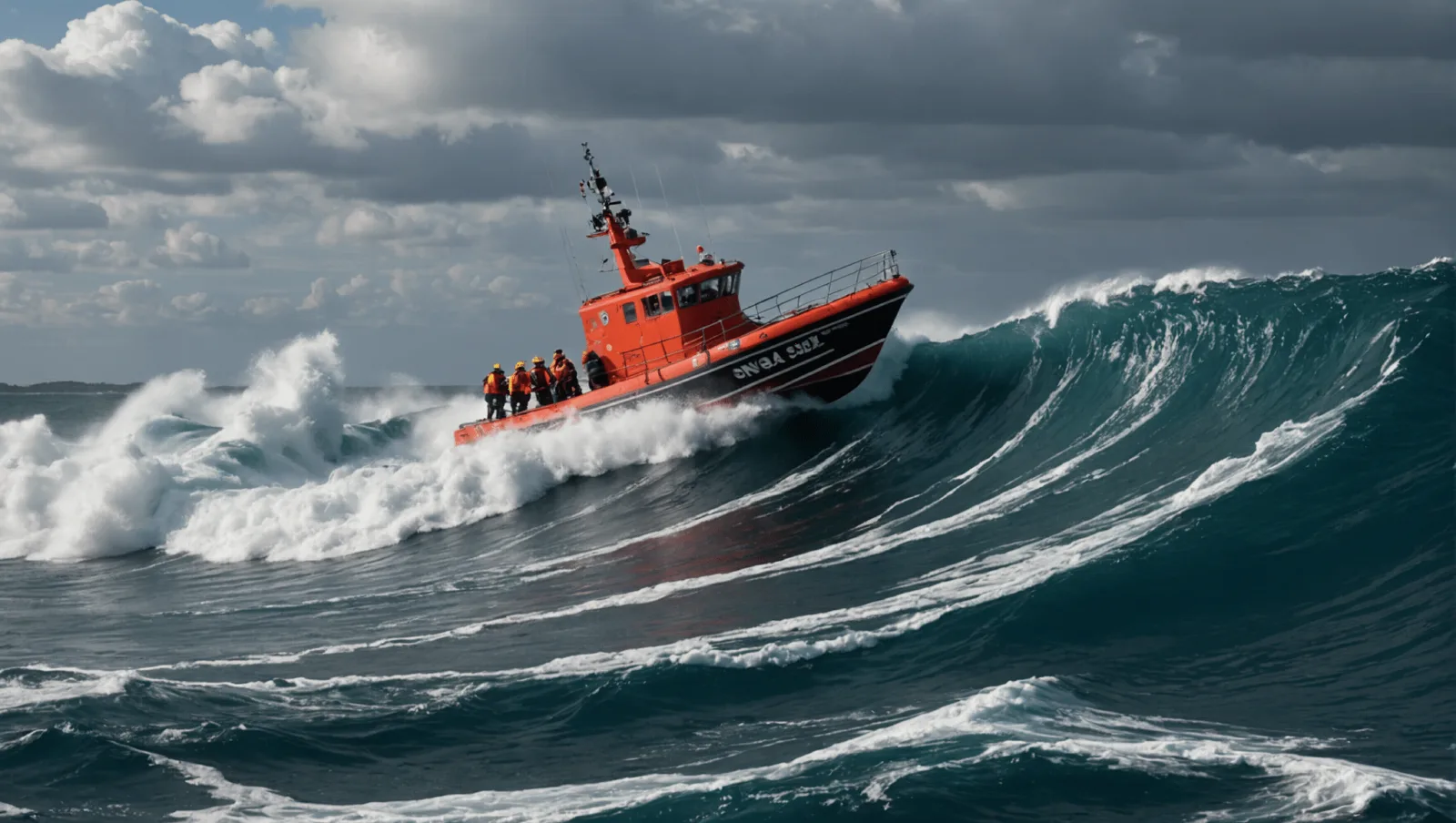 Canot de sauvetage de la SNSM naviguant le long d'une côte rocheuse par mer formée