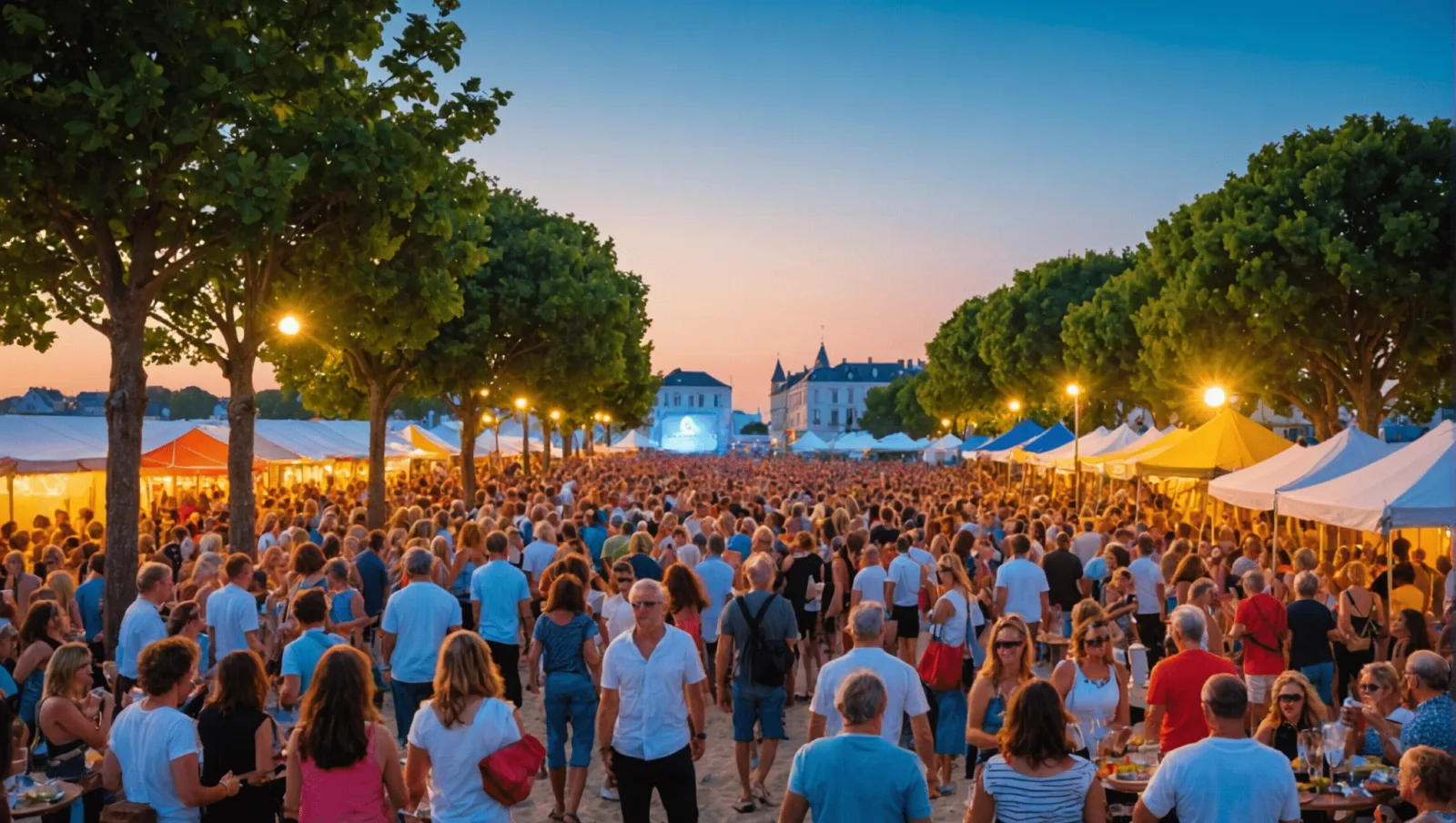 Rue commerçante de Pornichet en soirée, spectateurs debout autour d'artistes de rue