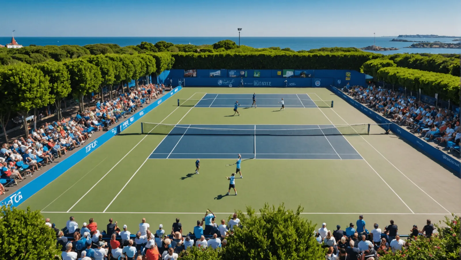 Tables de tennis de table alignées dans une salle, joueurs en match un soir d'été