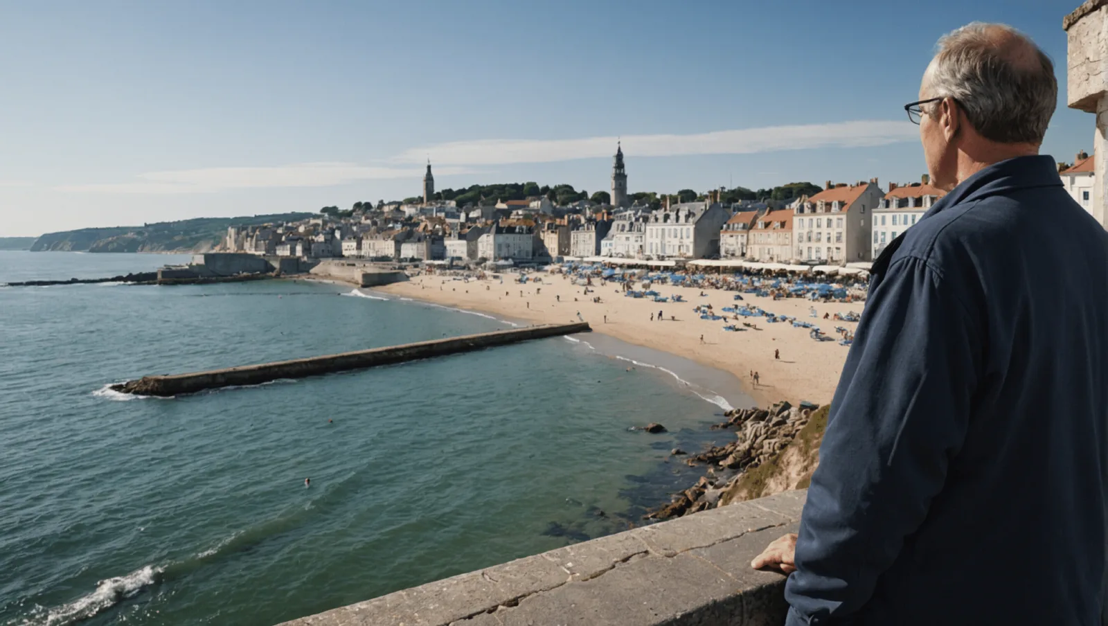 Front de mer de Pornichet en été, promeneurs et vacanciers le long de la plage