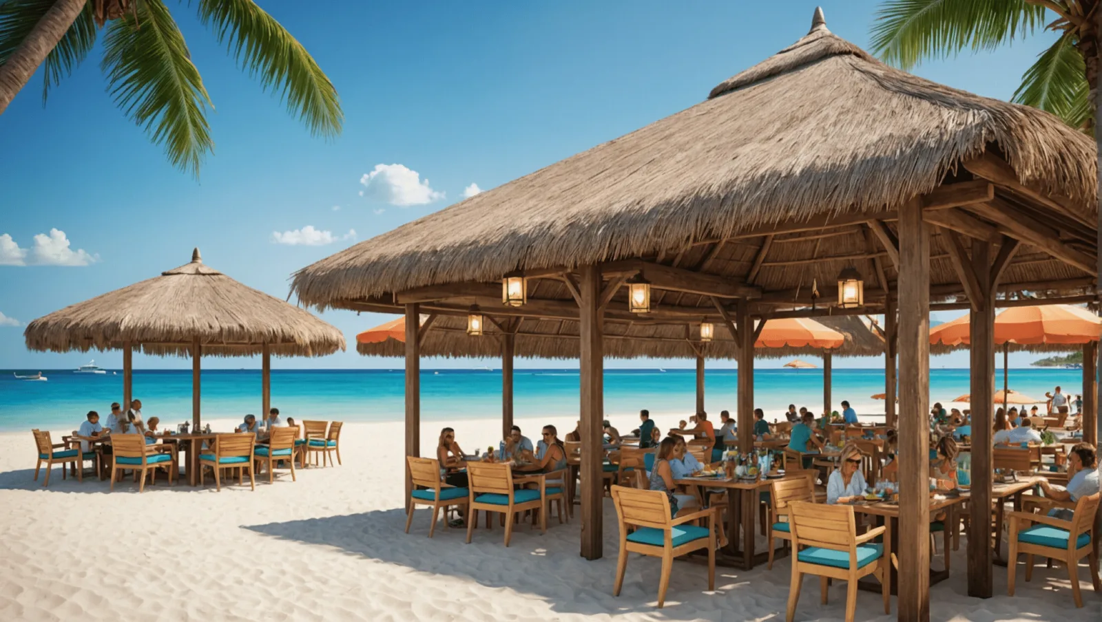 Terrasse d'un restaurant de plage en bord de mer, tables dressées face au sable