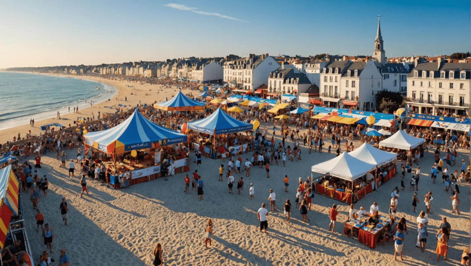 Rue animée d'une station balnéaire en soirée pendant une semaine de festivités