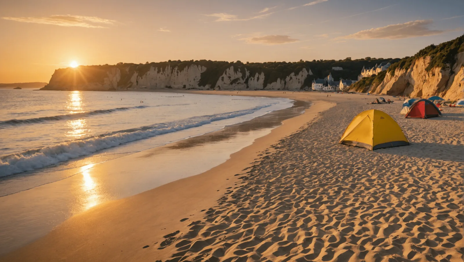 Terrains de beach-volley installés sur le sable à Pornichet, tribunes et chapiteaux en fond