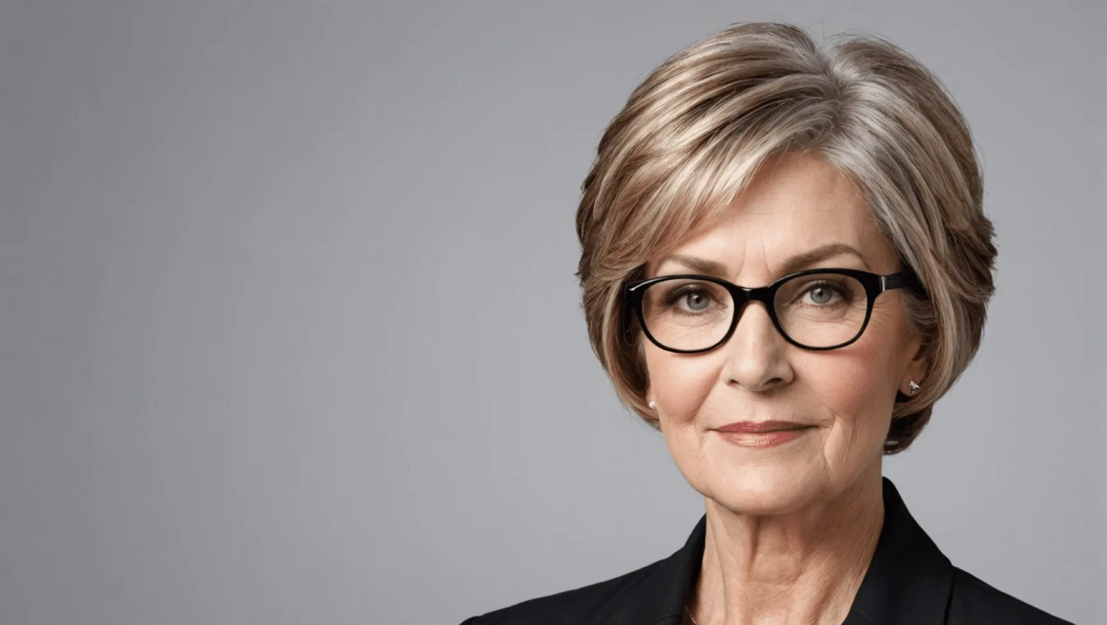 Femme aux cheveux gris courts et à lunettes, coiffée d'un bob avec frange latérale