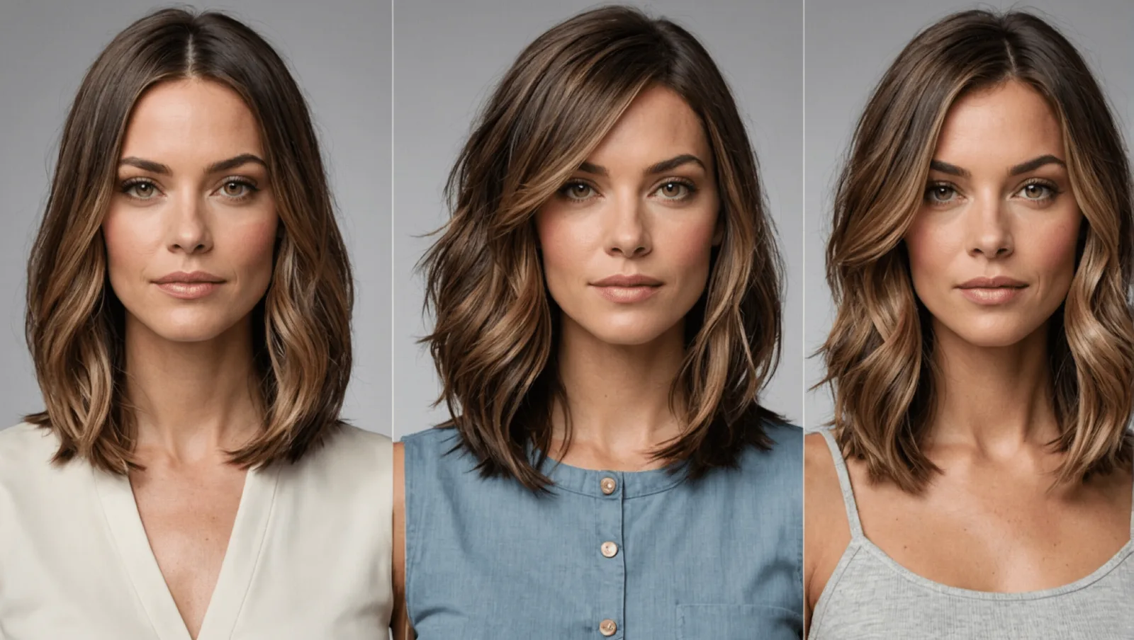 Femme aux cheveux châtains mi-longs légèrement ondulés, coupe arrivant sous les épaules