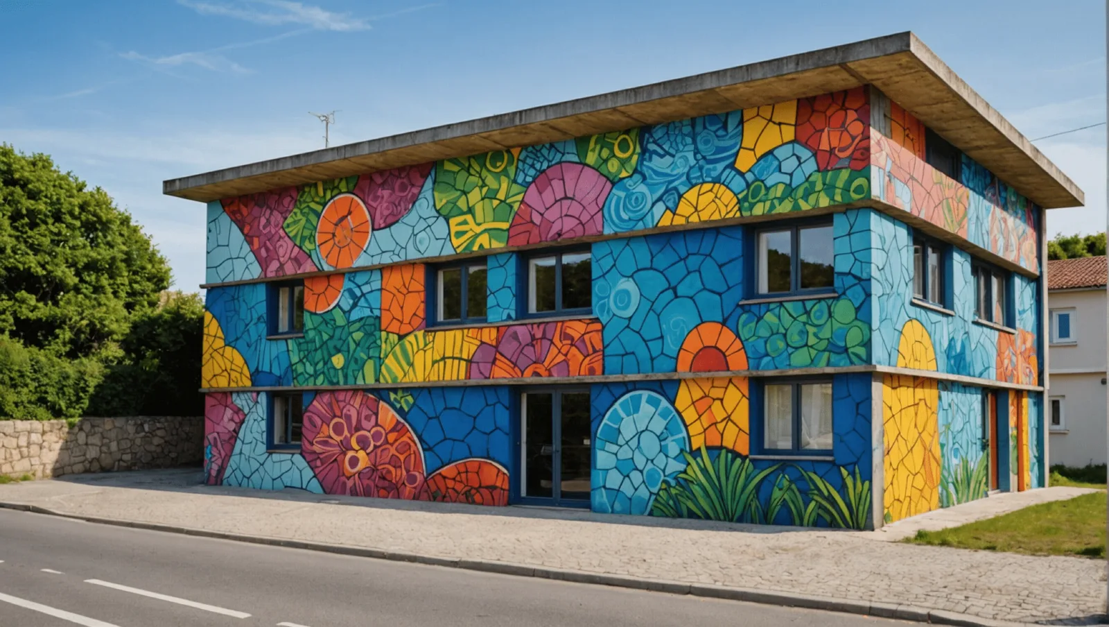 Blockhaus en béton du sentier côtier de Pornichet recouvert d'une fresque murale colorée