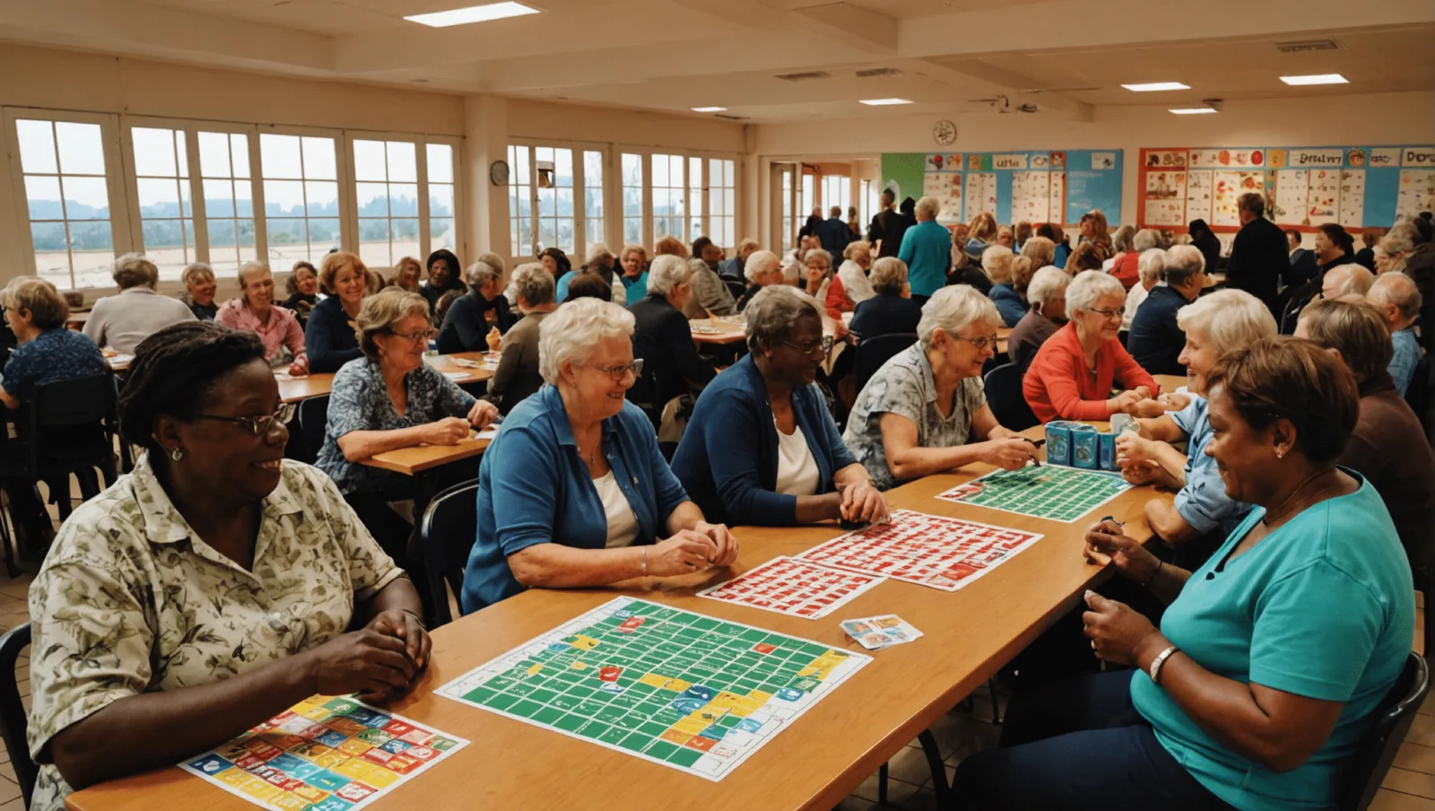 Soirée loto caritative dans une salle communale, cartons et jetons sur les tables