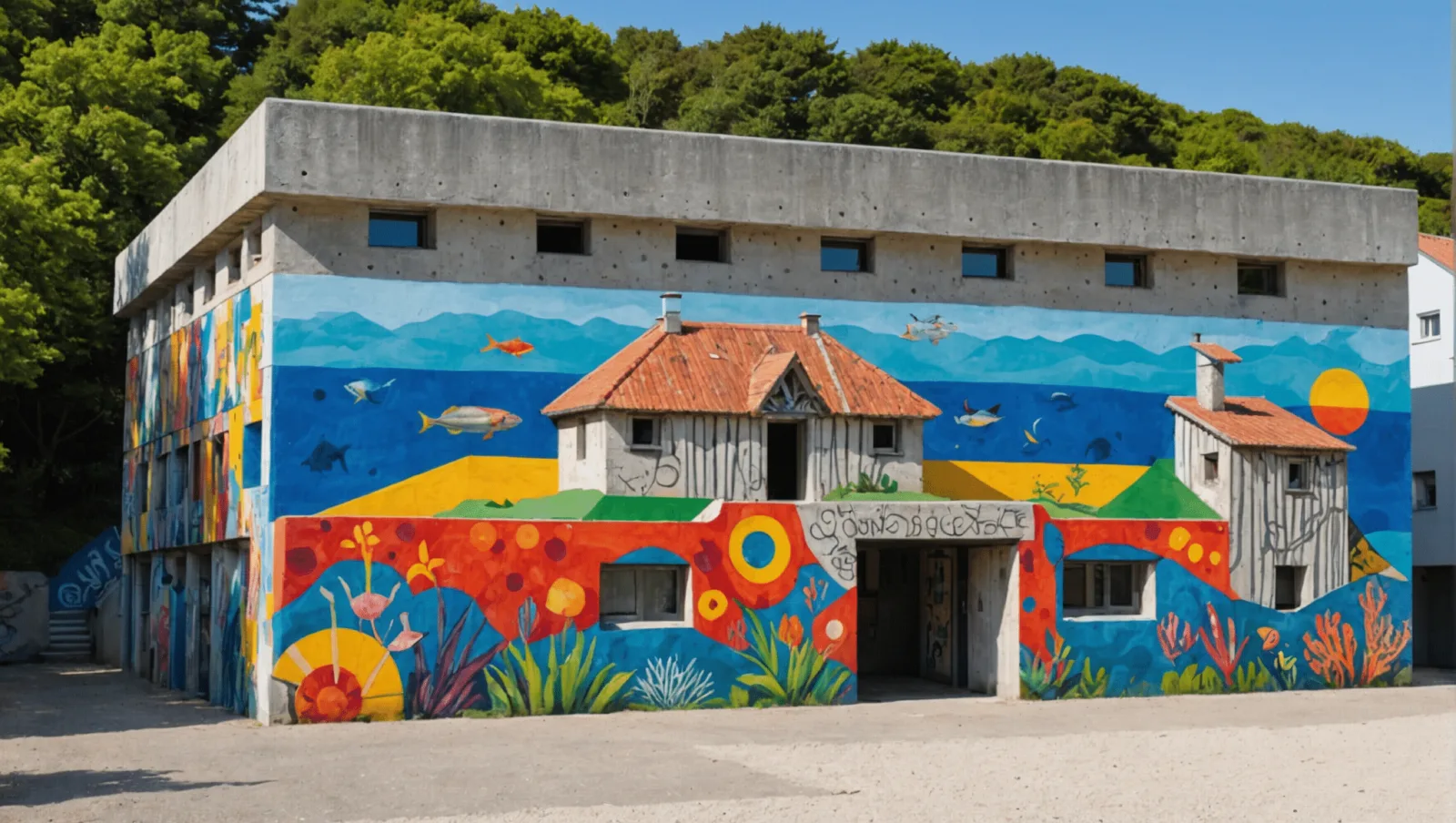 Blockhaus en béton recouvert d'une fresque aux couleurs vives, en bord de mer