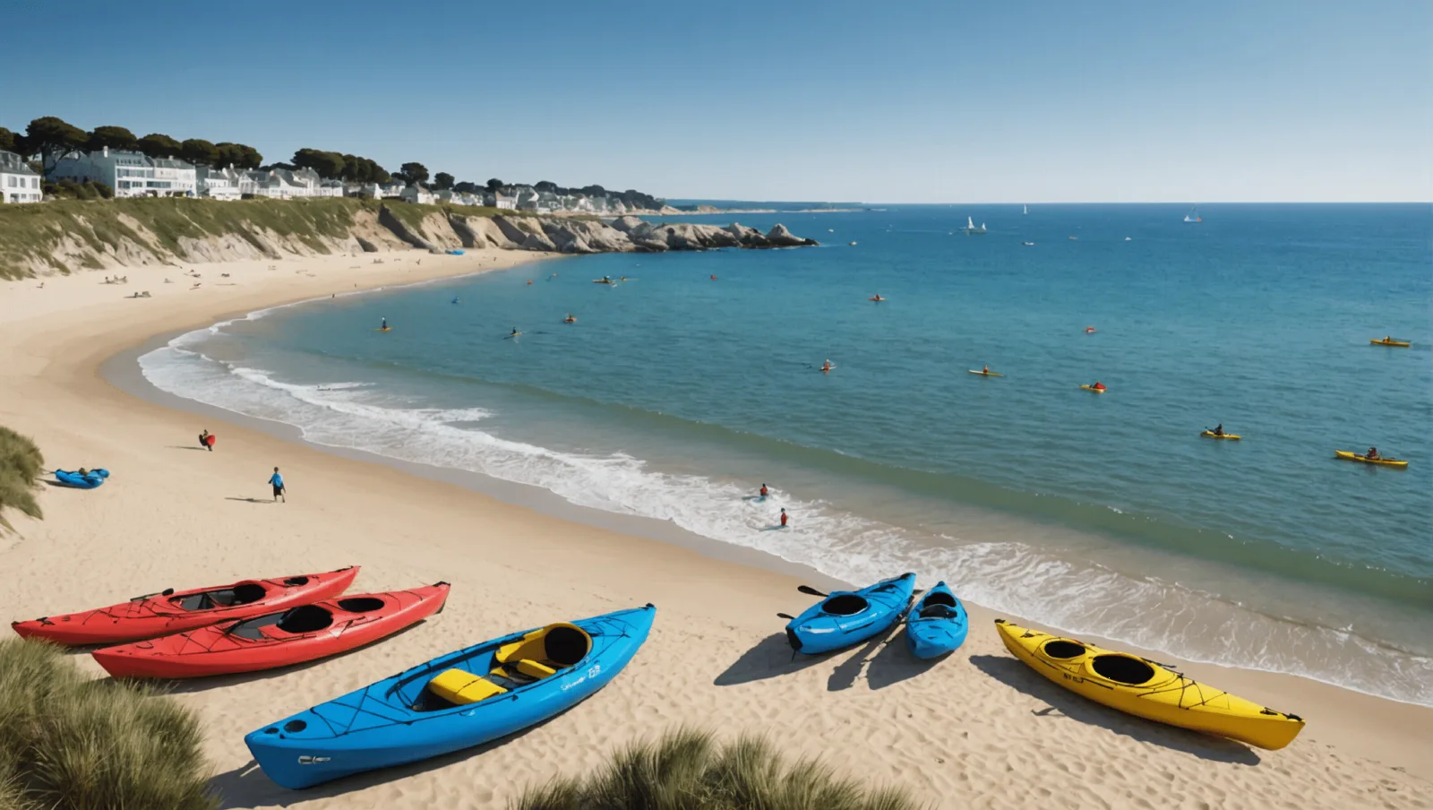 Kayakiste débutant pagayant le long de la côte de Pornichet par mer calme