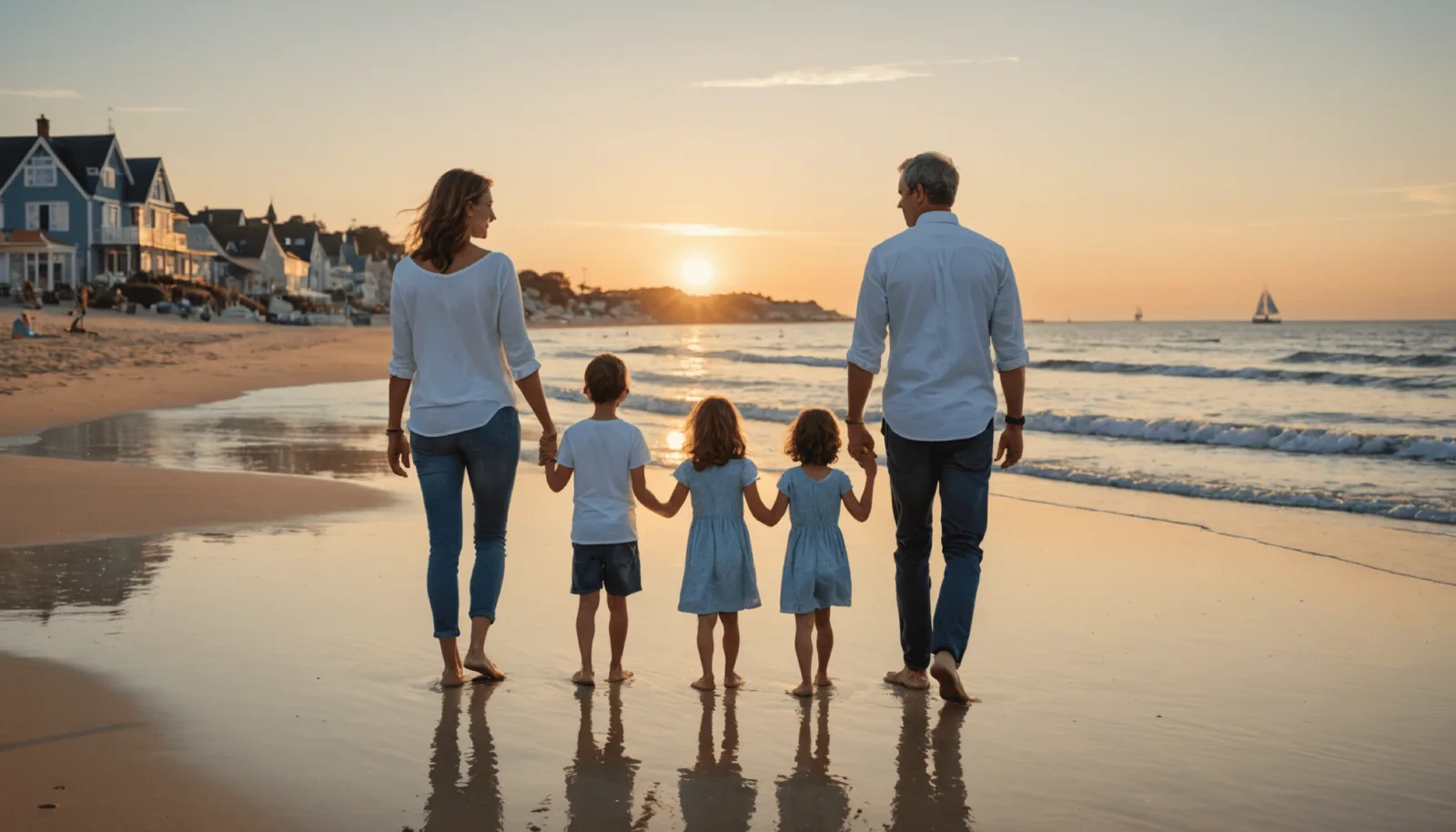 Une mère et son jeune enfant marchent sur le front de mer de Pornichet en fin de journée