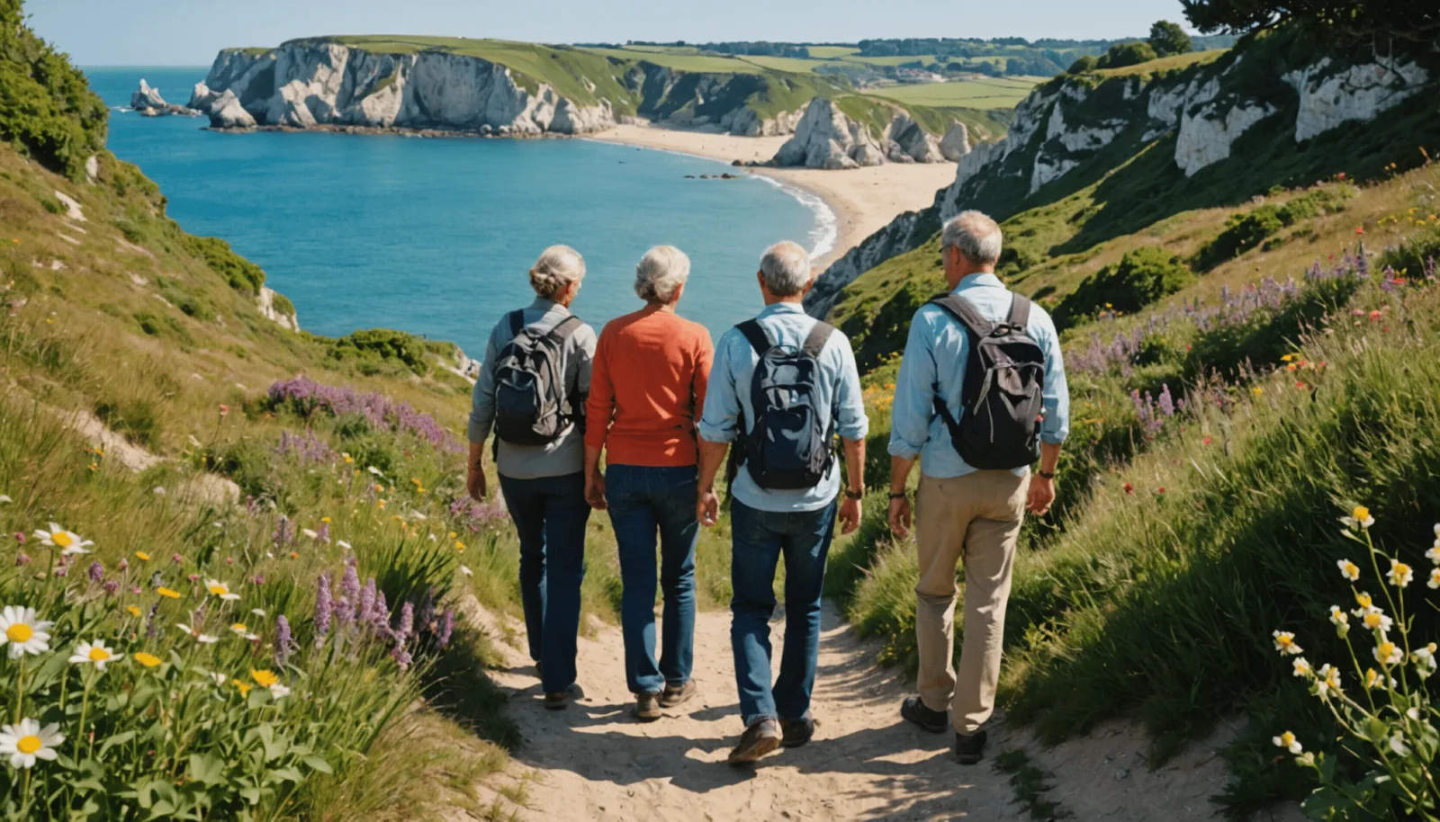 Un groupe de randonneurs marche en file sur le sentier cotier au-dessus de la plage