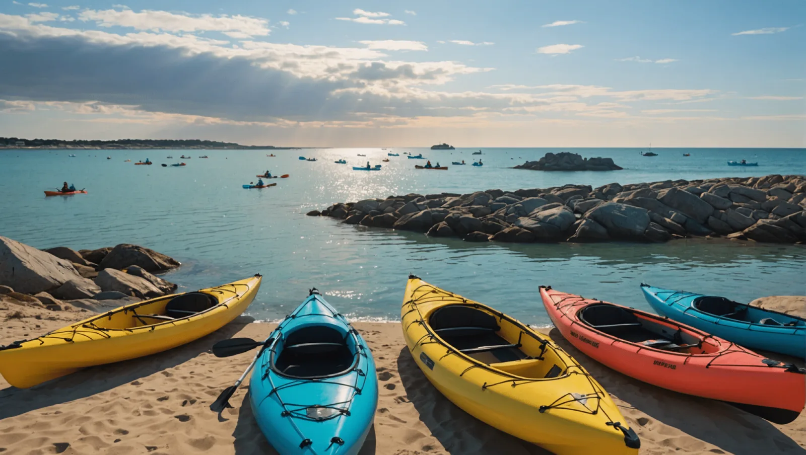 Groupe de kayakistes longeant les rochers de la côte sauvage par mer formée