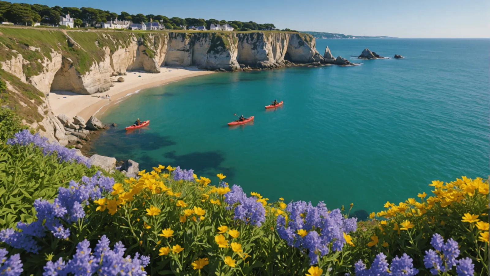 Des kayaks de mer alignés sur le sable au bord de l'eau à Pornichet
