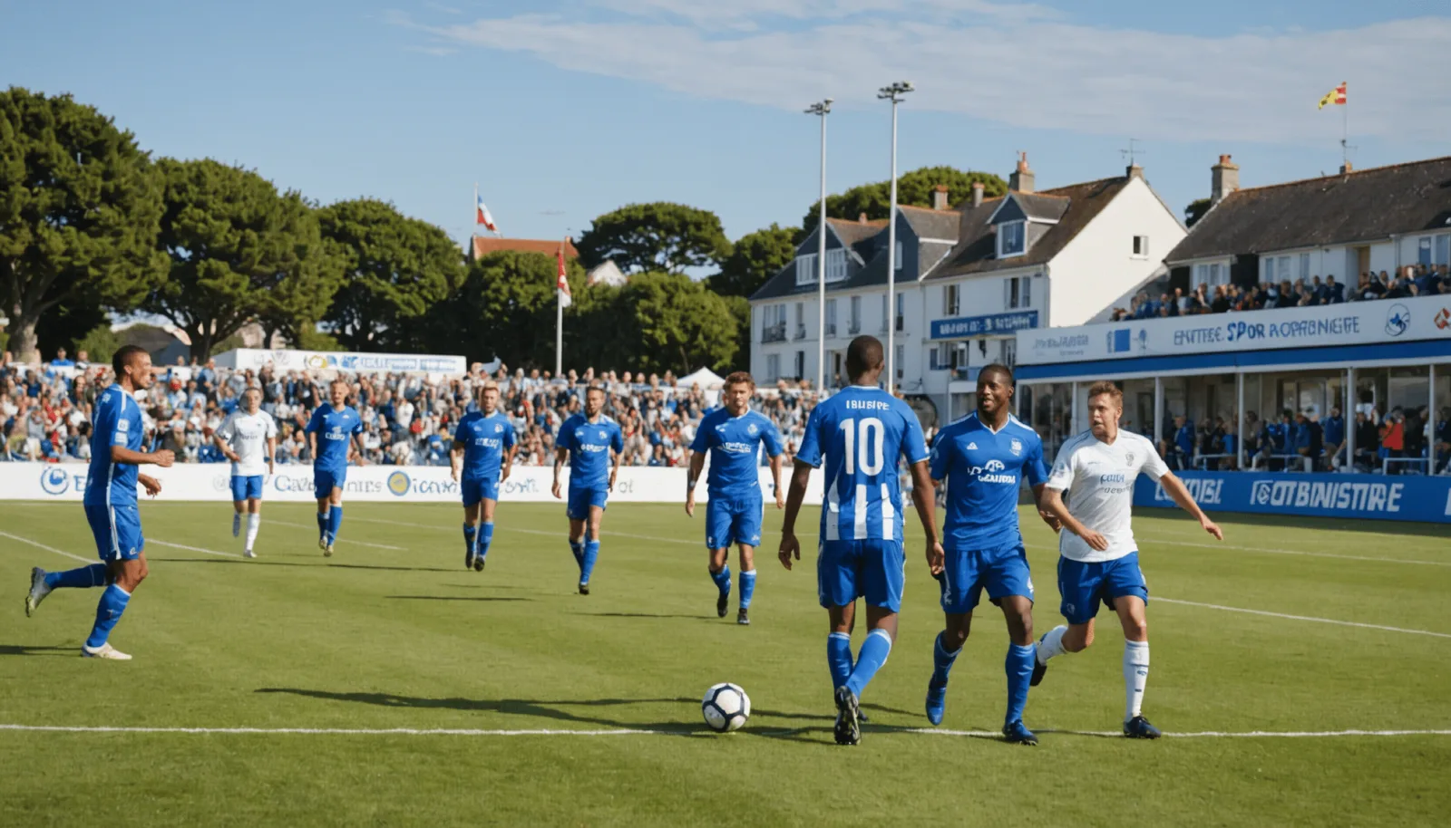 Joueurs et éducateurs sur un terrain de football municipal en fin de journée
