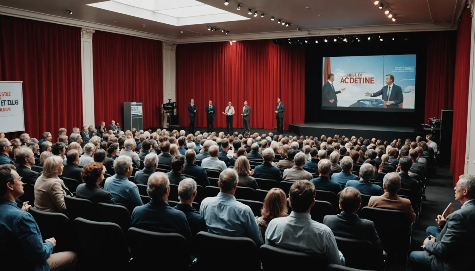 Salle de cinéma avec public réuni pour un débat après une projection