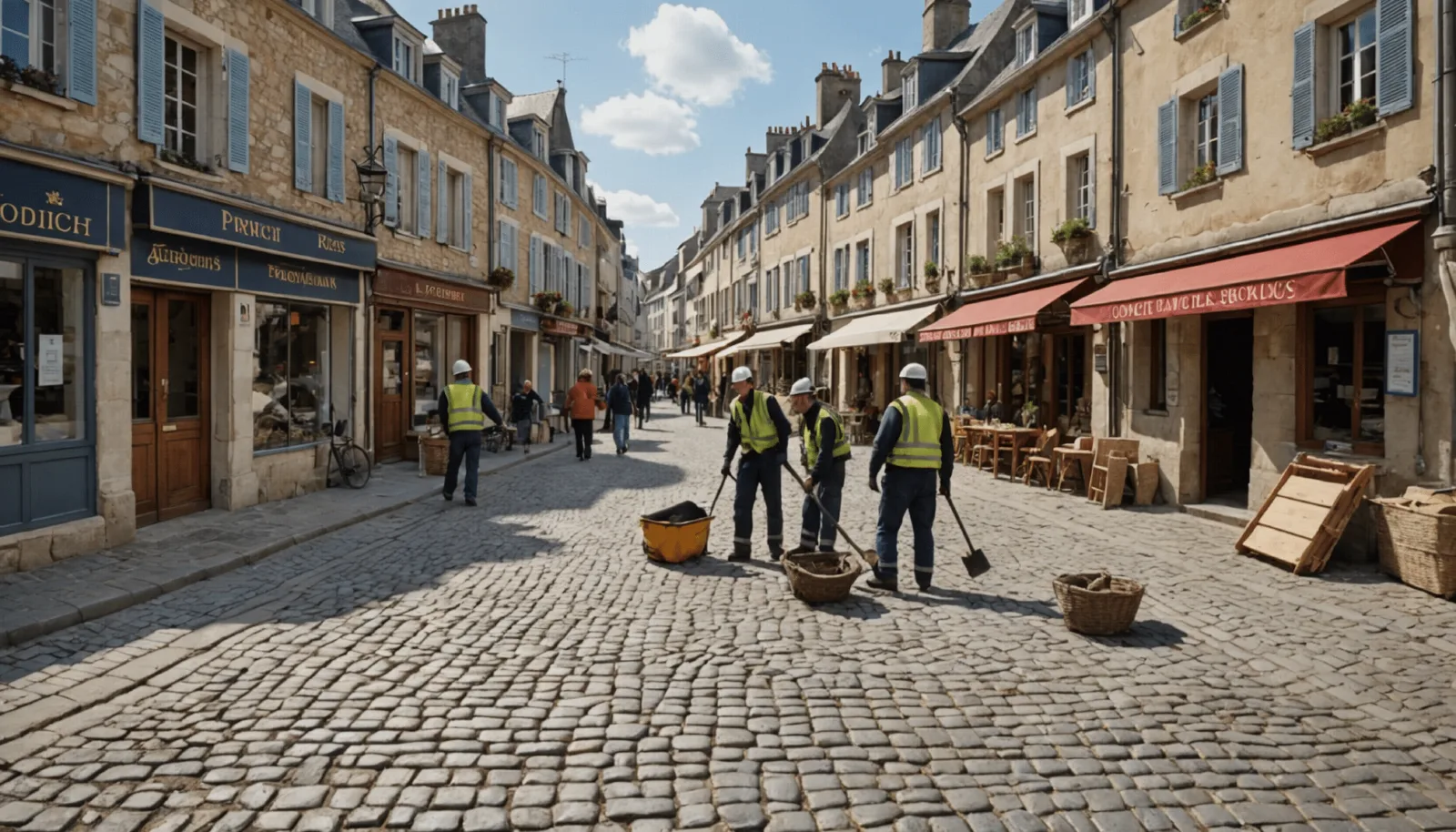 Trottoir pavé abîmé le long d'une rue commerçante, pavés descellés
