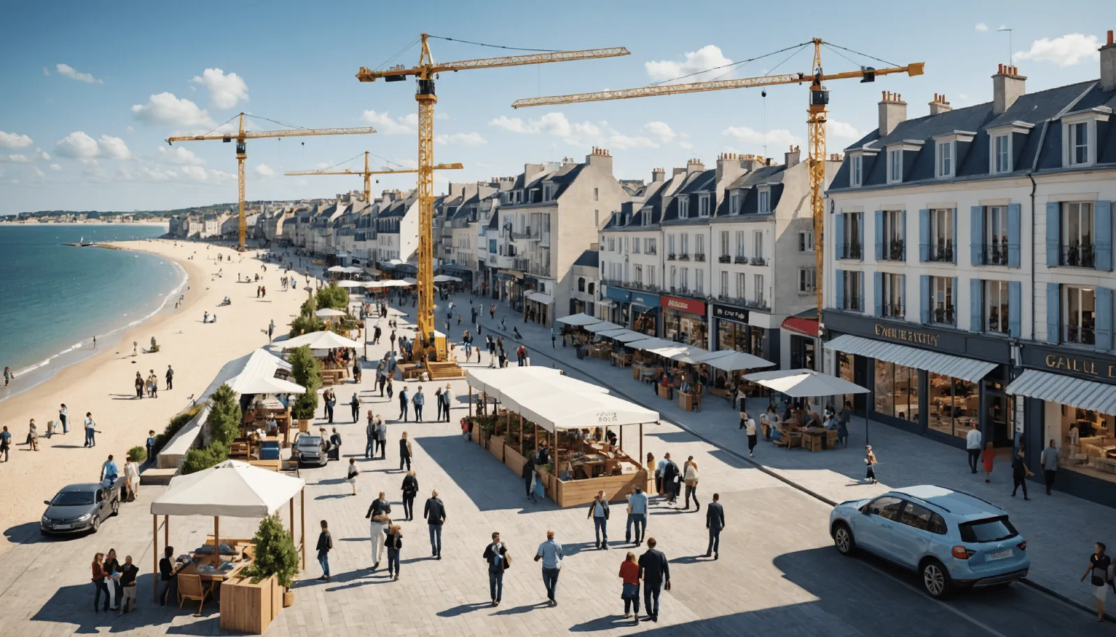 Vue du front de mer de Pornichet en travaux, palissades et engins de chantier