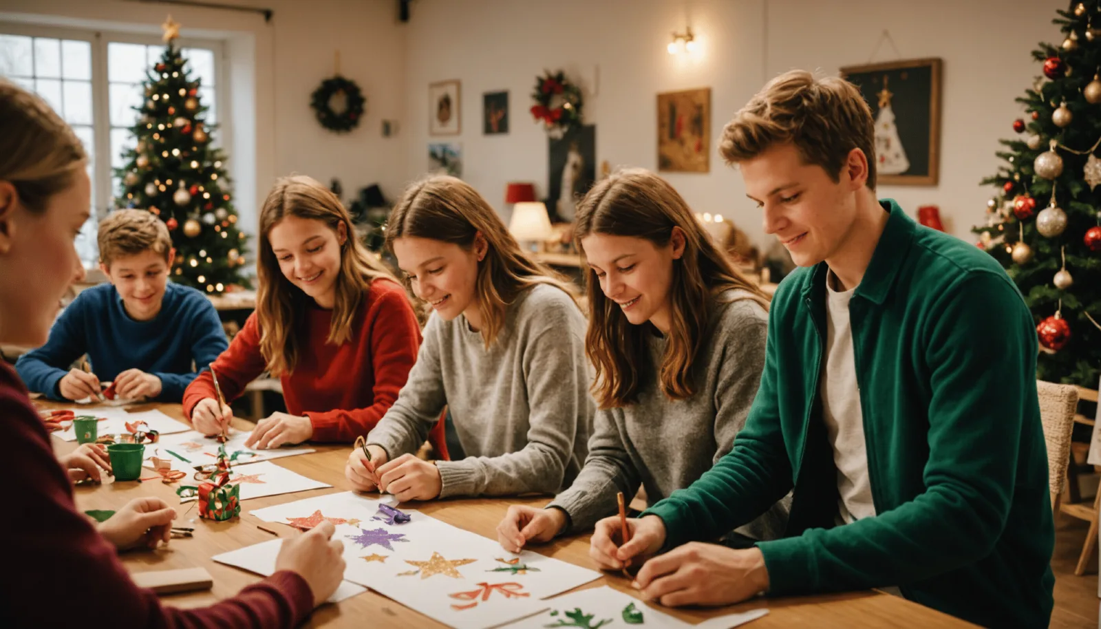 Des adolescents autour d'une table lors d'un atelier créatif de fin d'année
