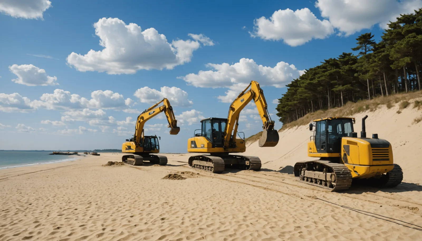 Engin de chantier au travail sur le cordon dunaire du port d'échouage de Pornichet
