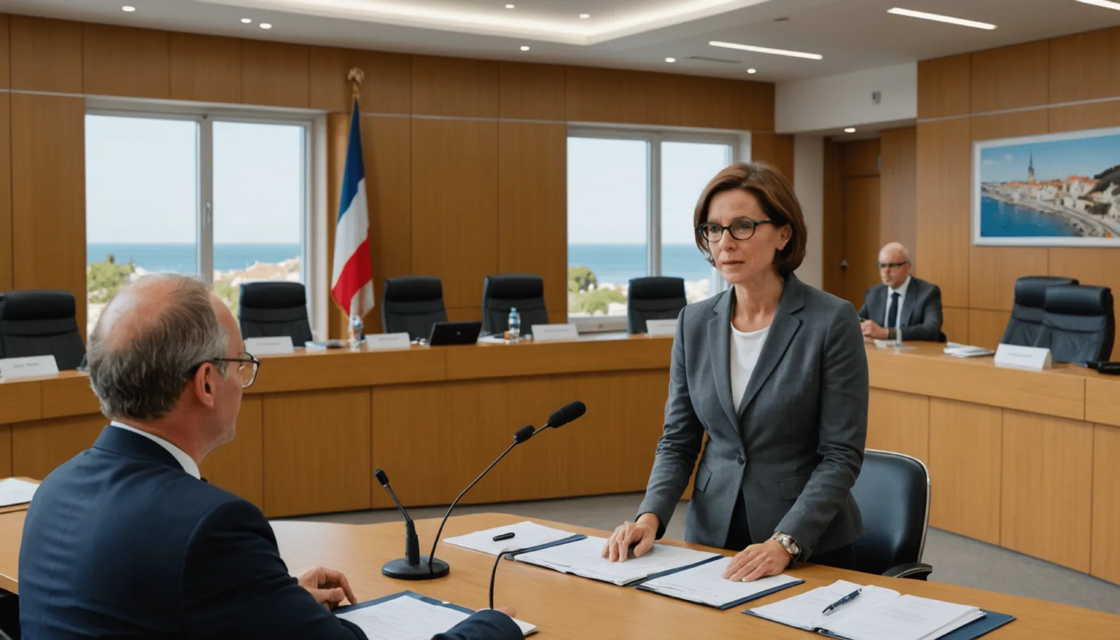 Salle du conseil municipal de Pornichet, sièges des élus autour de la table