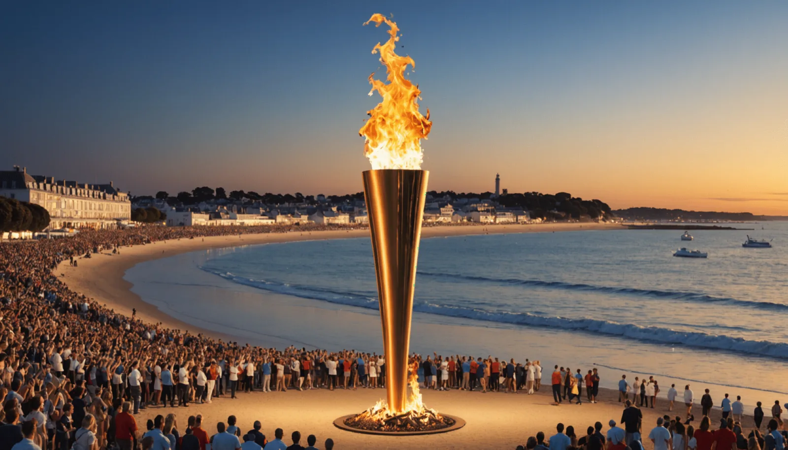 Porteur de la flamme olympique entouré de spectateurs sur le front de mer